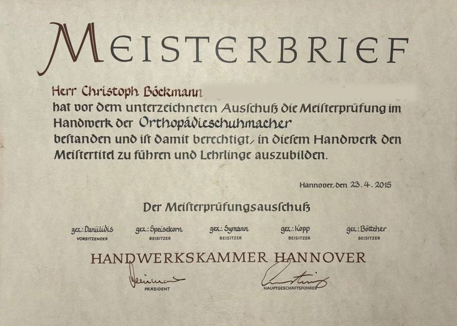 Meisterbrief von Christoph Böckmann im Handwerk der Orthopädieschuhmacher, Handwerkskammer Hannover, 2015