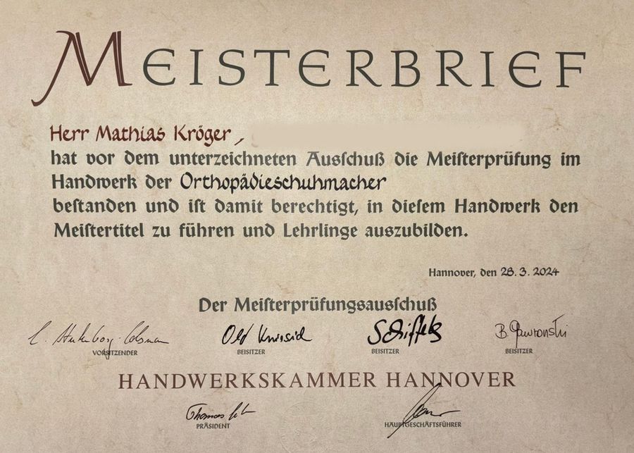 Meisterbrief von Mathias Kröger im Handwerk der Orthopädieschuhmacher, Handwerkskammer Hannover, 2024